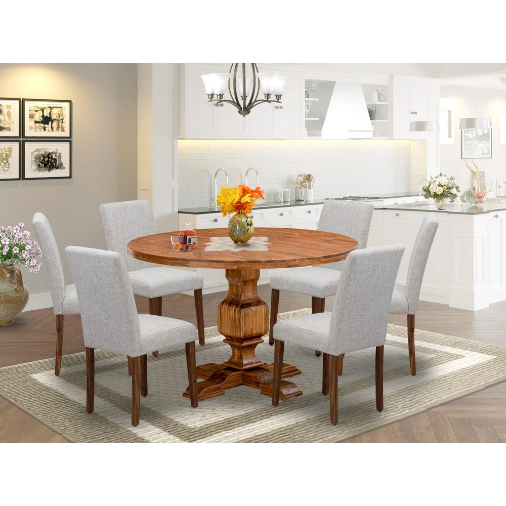 East West Furniture 7-Pc Dinner Table Set - Wooden Dining Table and 6 Doeskin Color Parson Wooden Chairs with High Back - Antique Walnut Finish. Picture 1