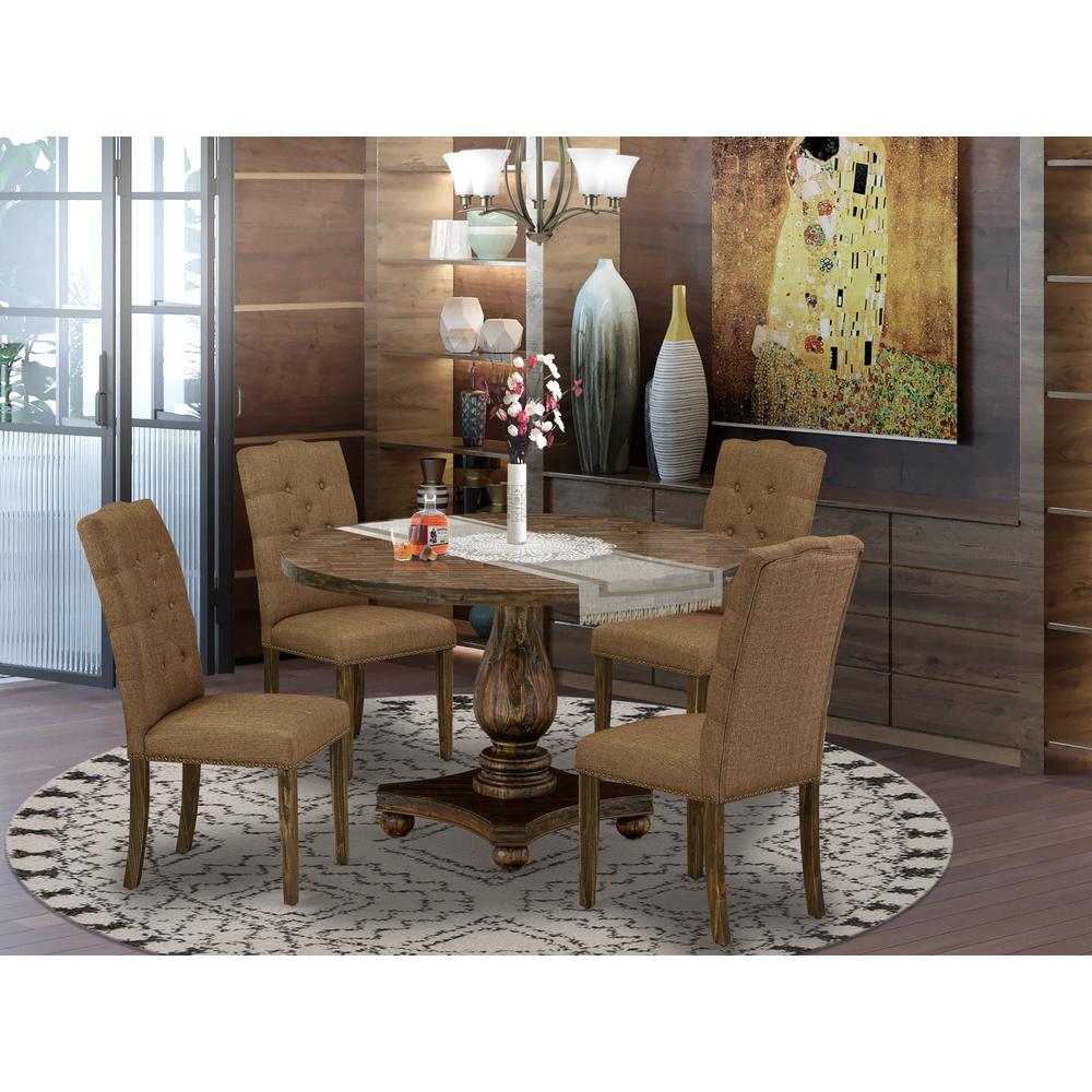 East West Furniture 5 Piece Modern Dining Table Set Includes a Modern Kitchen Table and 4 Brown Linen Fabric Dining Chairs with Button Tufted Back - Distressed Jacobean Finish. Picture 1