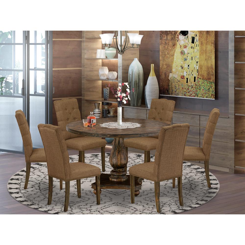 East West Furniture 7 Piece Dining Room Set Contains a Dining Table and 6 Brown Linen Fabric Parson Chairs with Button Tufted Back - Distressed Jacobean Finish. Picture 1