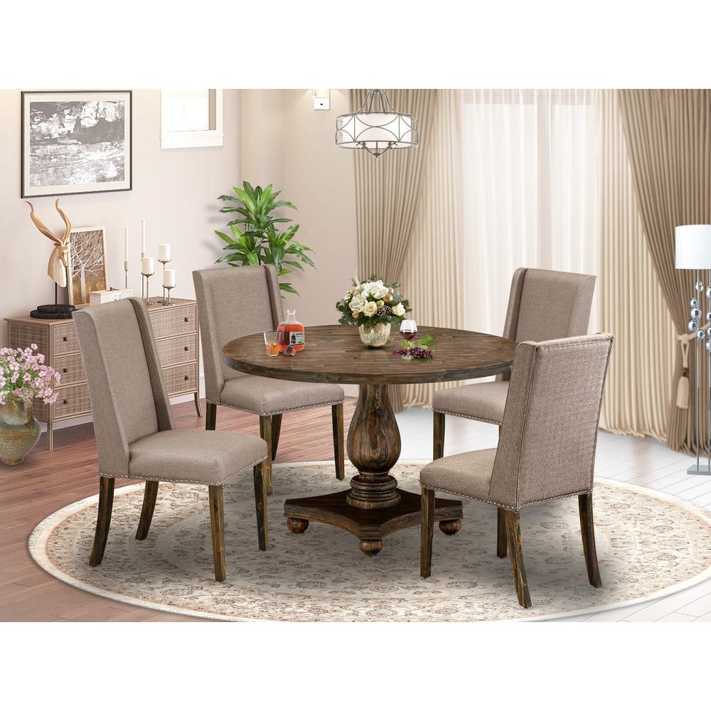 East West Furniture 5 Piece Mid Century Modern Dining Set Contains a Modern Dining Table and 4 Dark Khaki Linen Fabric Dining Chairs with High Back - Distressed Jacobean Finish. Picture 1