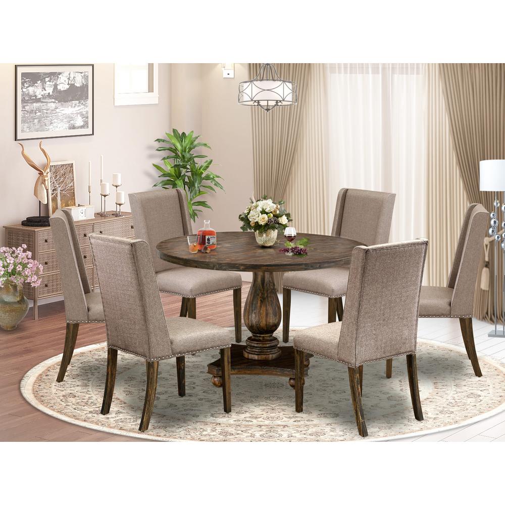 East West Furniture 7 Piece Dining Table Set Contains a Dining Table and 6 Dark Khaki Linen Fabric Dining Room Chairs with High Back - Distressed Jacobean Finish. Picture 1