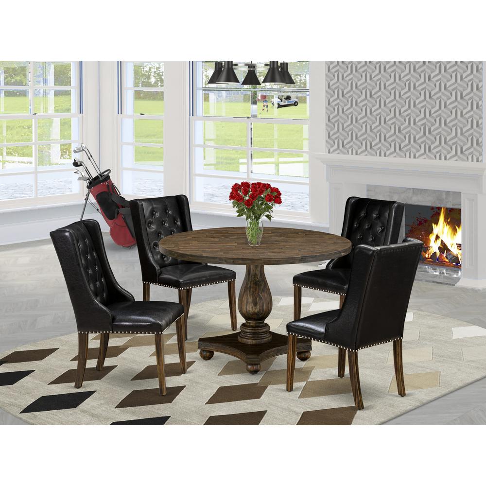 East West Furniture 5 Piece Mid Century Dining Set Includes a Wood Table and 4 Black PU Leather Upholstered Dining Chairs with Button Tufted Back - Distressed Jacobean Finish. Picture 1