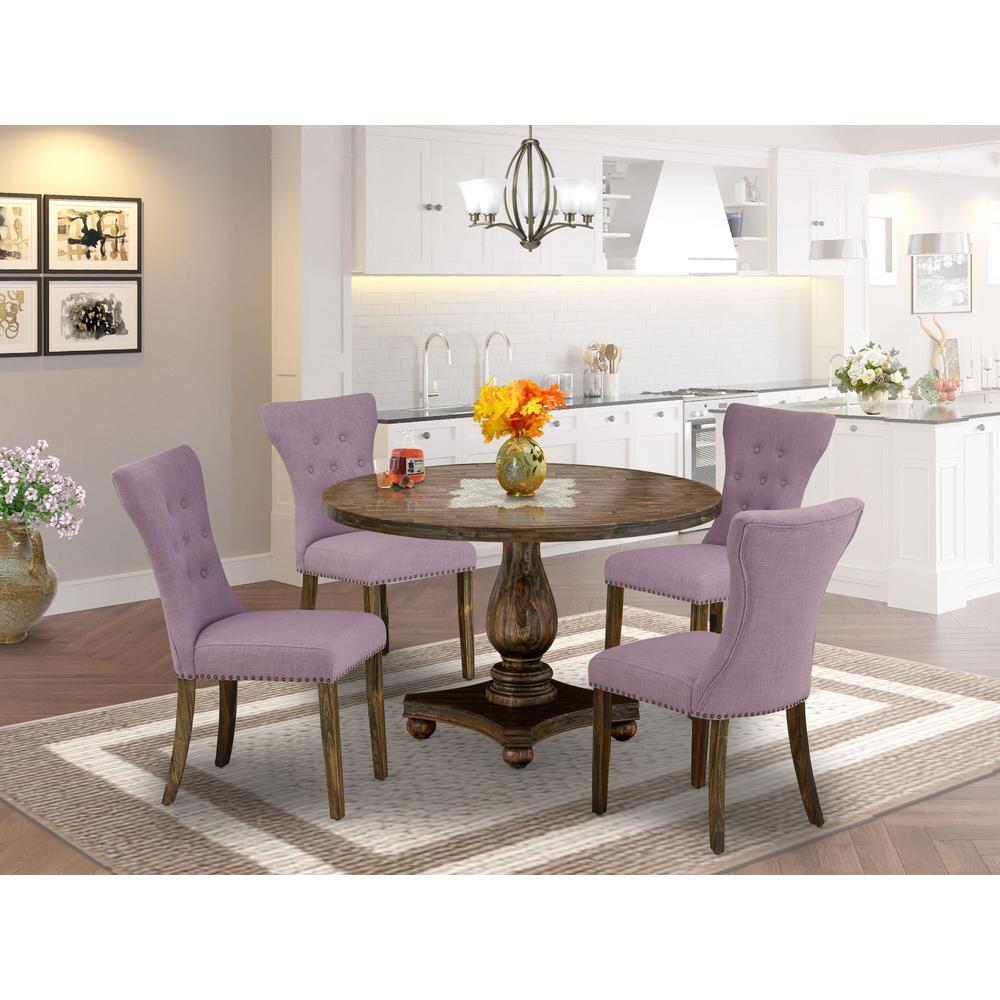 East West Furniture 5 Piece Kitchen Dining Table Set Contains a Modern Dining Table and 4 Dahlia Linen Fabric Modern Chairs with Button Tufted Back - Distressed Jacobean Finish. Picture 1