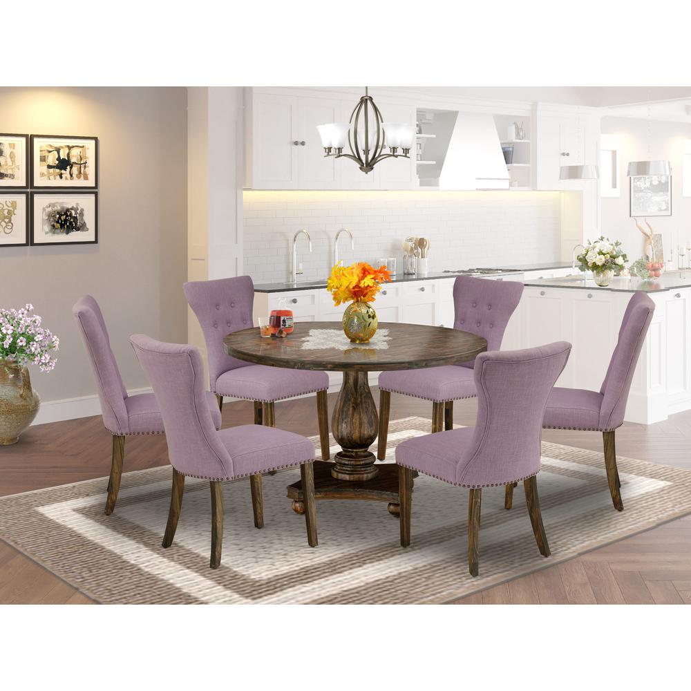 East West Furniture 7 Piece Dinner Table Set Consists of a Wood Table and 6 Dahlia Linen Fabric Kitchen Chairs with Button Tufted Back - Distressed Jacobean Finish. Picture 1