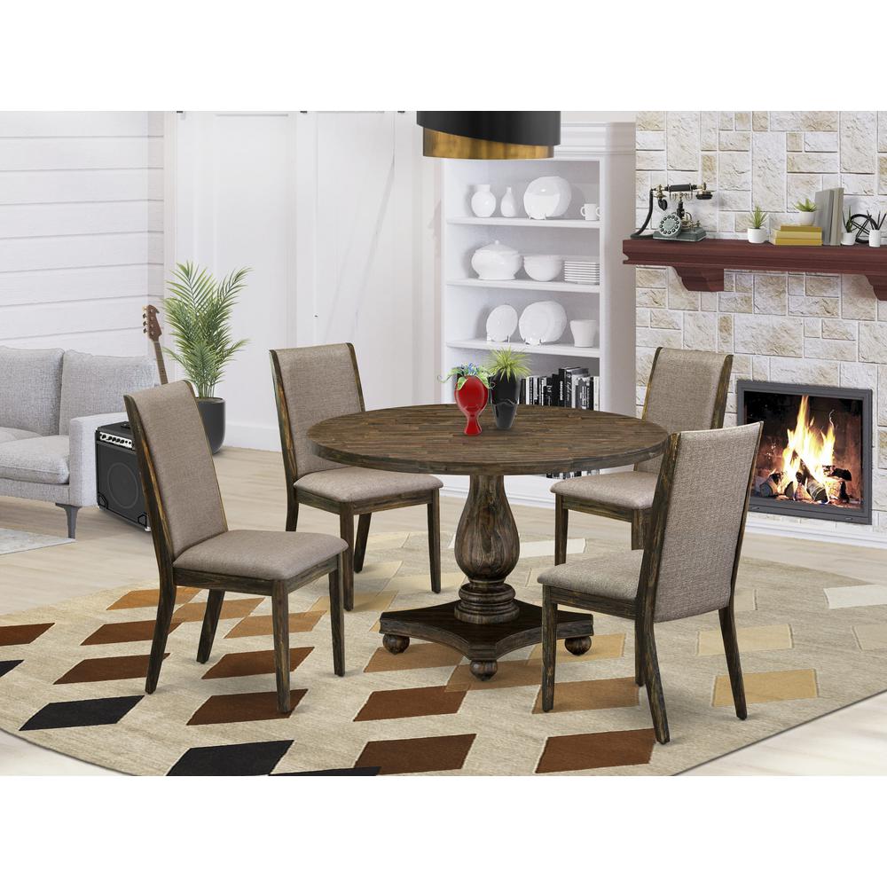 East West Furniture 5 Piece Dining Room Set Contains a Modern Kitchen Table and 4 Dark Khaki Linen Fabric Mid Century Dining Chairs with High Back - Distressed Jacobean Finish. Picture 1