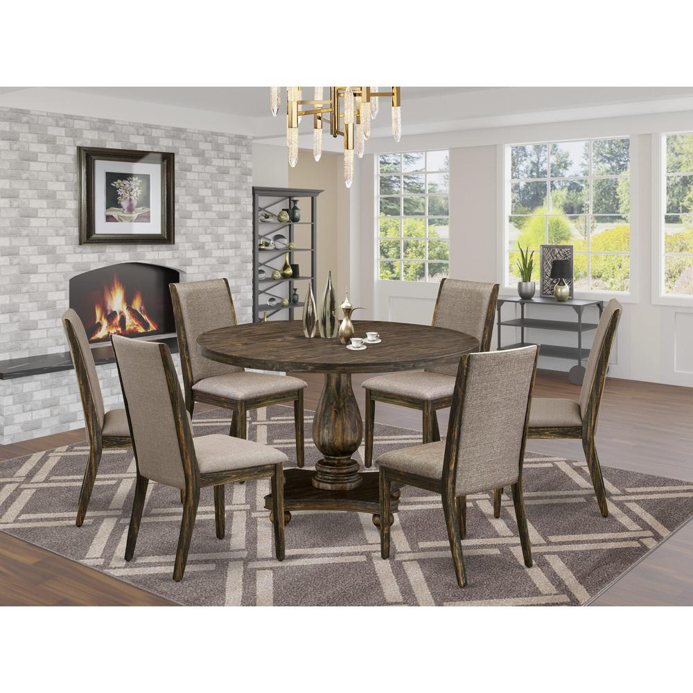 East West Furniture 7 Piece Dining Room Table Set Contains a Dining Table and 6 Dark Khaki Linen Fabric Upholstered Dining Chairs with High Back - Distressed Jacobean Finish. Picture 1