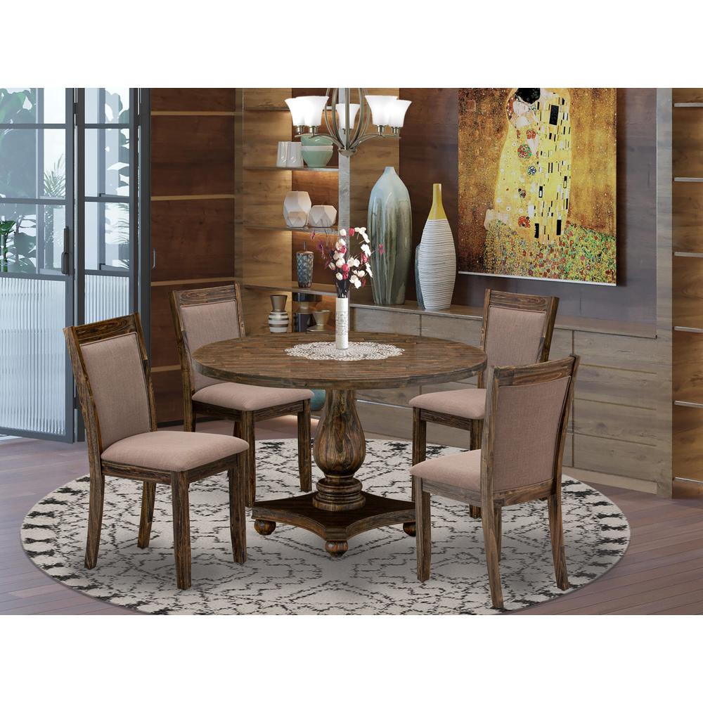 East West Furniture 5-Piece Modern Dining Set - Dining Table and 4 Coffee Color Parson Dining Chairs with High Back - Distressed Jacobean Finish. Picture 1