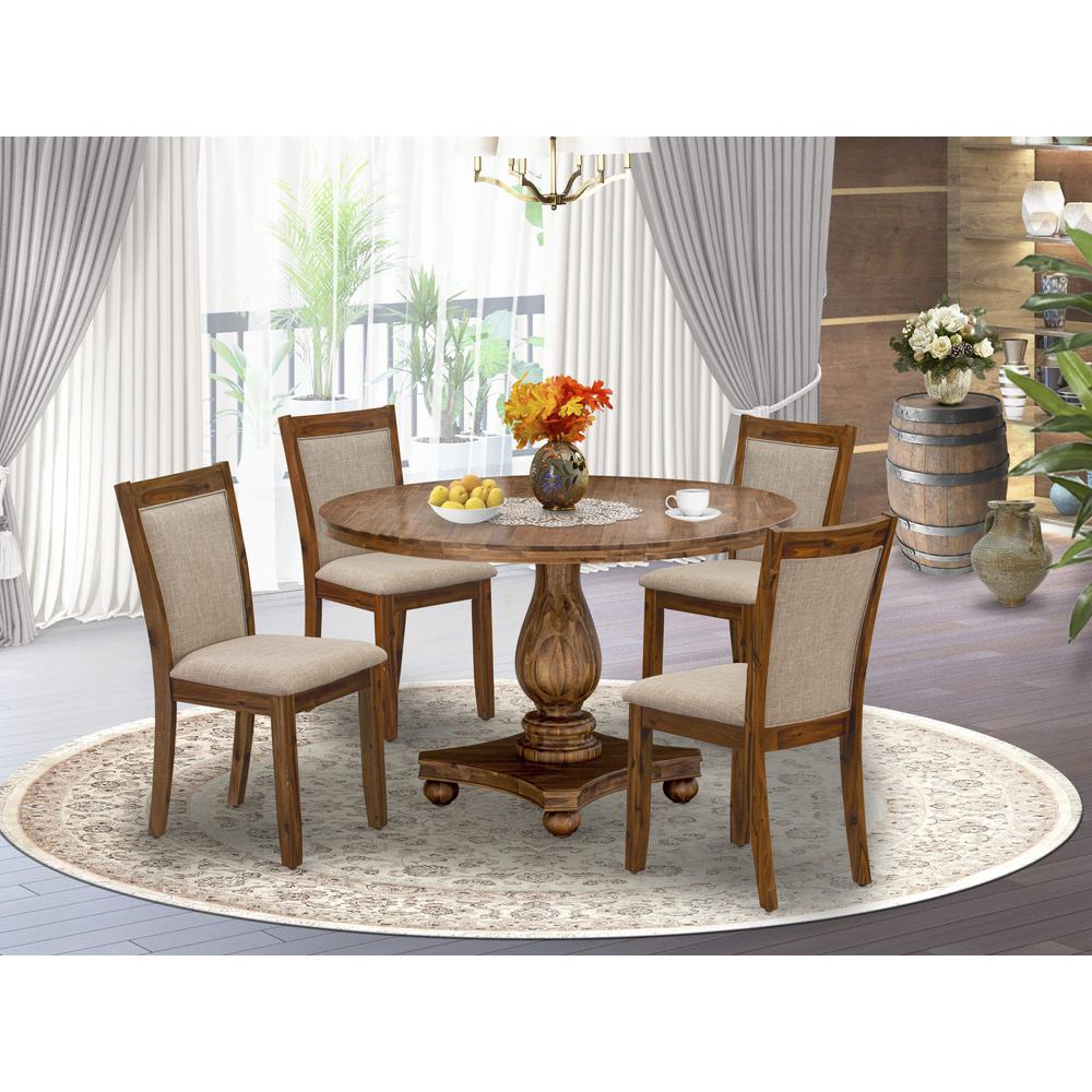 East West Furniture 5-Piece Modern Dining Set - Kitchen Table and 4 Light Tan Color Parson Chairs with High Back - Antique Walnut Finish. Picture 1