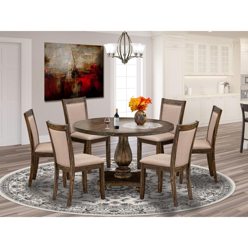 East West Furniture 7 Piece Dining Room Set Includes a Mid Century Dining Table and 6 Dark Khaki Linen Fabric Parson Chairs with High Back - Distressed Jacobean Finish. Picture 1