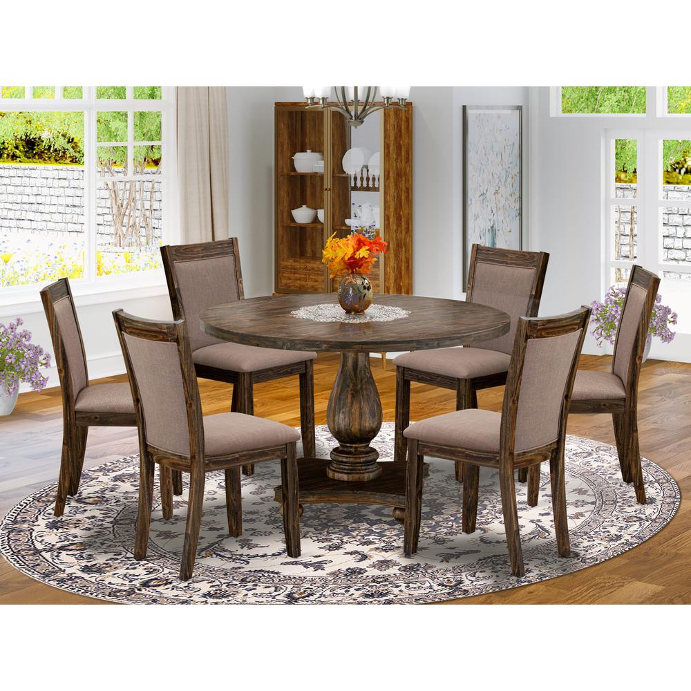 East West Furniture 7-Pc Kitchen Table Set - Wooden Dining Table and 6 Coffee Color Parson Wood Dining Chairs with High Back - Distressed Jacobean Finish. Picture 1