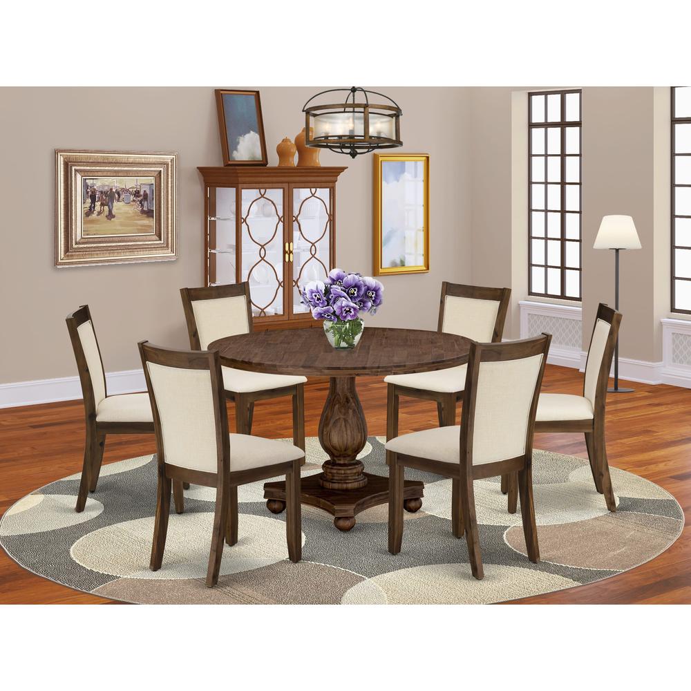 East West Furniture 7-Piece Dining Set - A Beautiful Wooden Table and 6 Beautiful Light Beige Linen Fabric Dining Chairs with Stylish High Back (Sand Blasting Antique Walnut Finish). Picture 1
