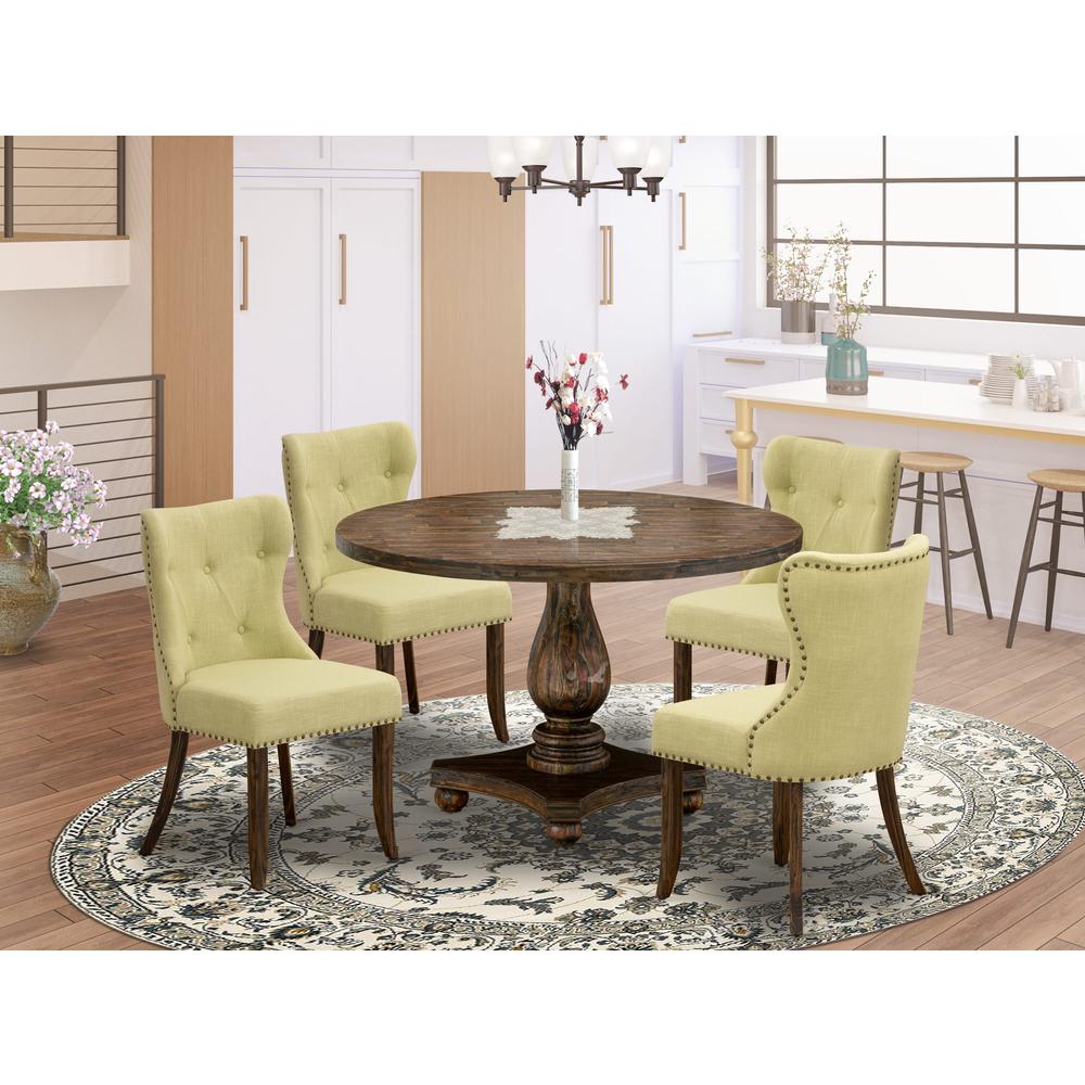 East West Furniture 5-Pc Mid Century Dining Set - Modern Kitchen Table and 4 Limelight Color Parson Chairs with Button Tufted Back - Distressed Jacobean Finish. Picture 1
