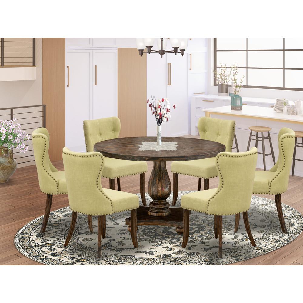 East West Furniture 7-Pc Dining Set - Wood Dining Table and 6 Limelight Color Parson Kitchen Chairs with Button Tufted Back - Distressed Jacobean Finish. Picture 1