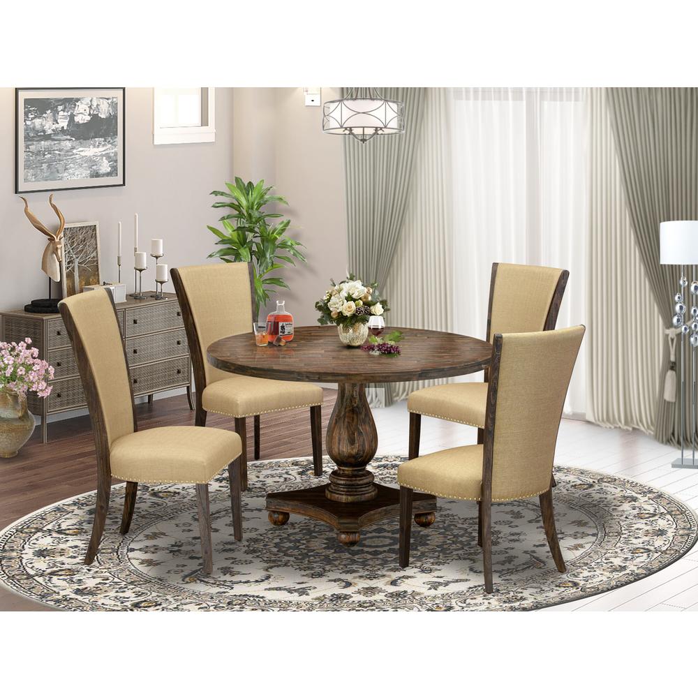East West Furniture 5-Pc Dining Room Set - Round Dinner Table and 4 Brown Color Parson Dining Room Chairs with High Back - Distressed Jacobean Finish. Picture 1