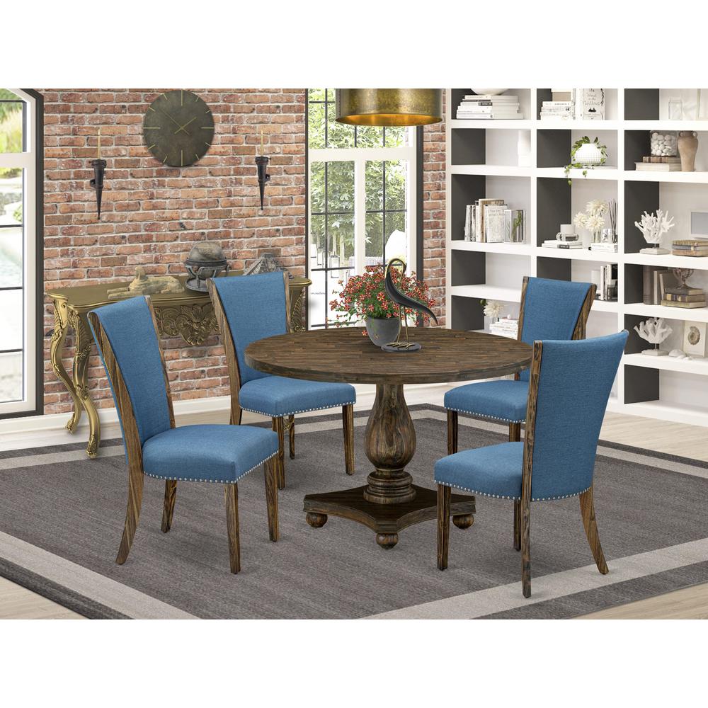 East West Furniture 5-Pc Dinette Set - Dining Table and 4 Blue Color Parson Modern Chairs with High Back - Distressed Jacobean Finish. Picture 1