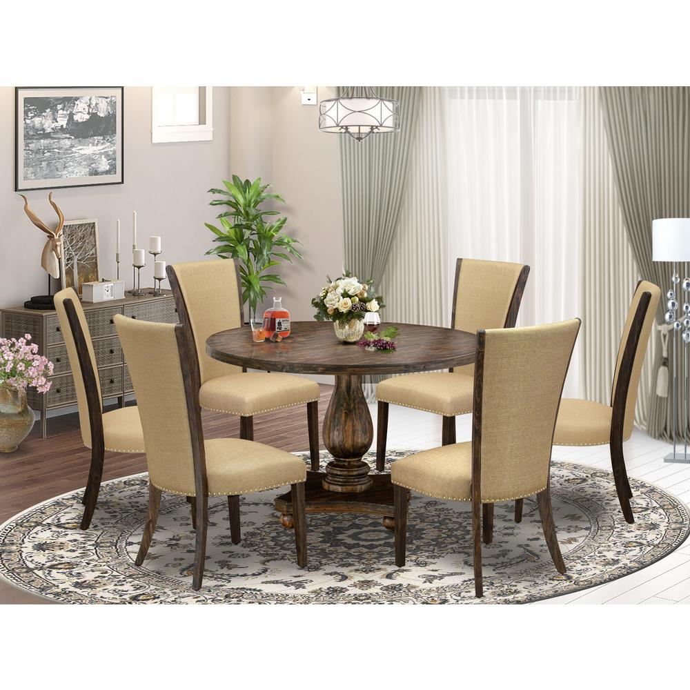 East West Furniture 7-Pc Kitchen Table Set - Dinning Table and 6 Brown Color Parson Dining Room Chairs with High Back - Distressed Jacobean Finish. Picture 1