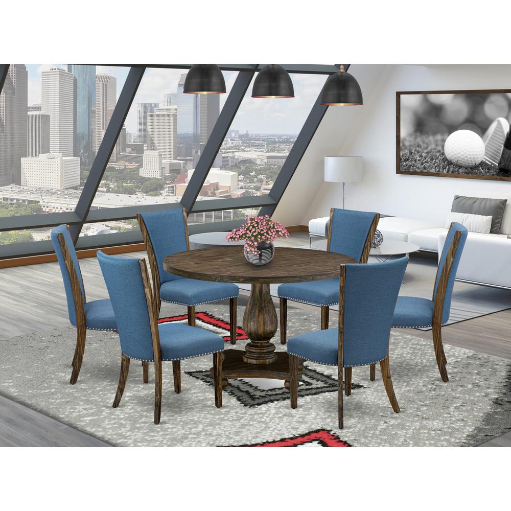 East West Furniture 7-Piece Dining Table Set - Dining Room Table and 6 Blue Color Parson Modern Kitchen Chairs with High Back - Distressed Jacobean Finish. Picture 1