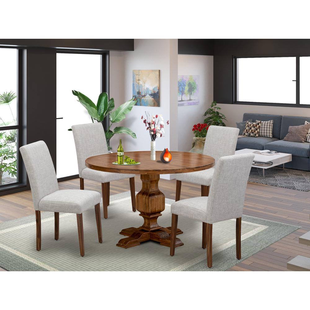 East West Furniture 5-Pc Dining Set - Modern Kitchen Table and 4 Doeskin Color Parson Dining Chairs with High Back - Antique Walnut Finish. Picture 1