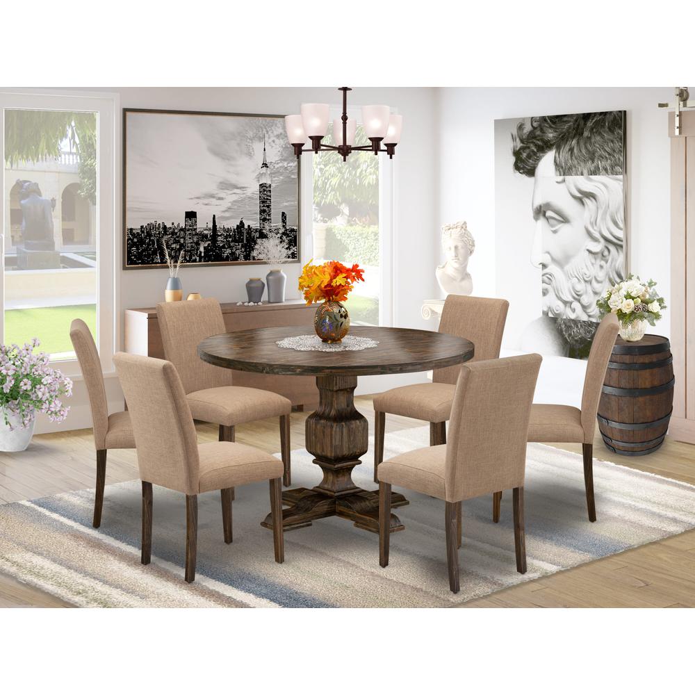 East West Furniture 7 Piece Table Set Includes a Dining Room Table and 6 Light Sable Linen Fabric Mid Century Modern Chairs with High Back - Distressed Jacobean Finish. Picture 1