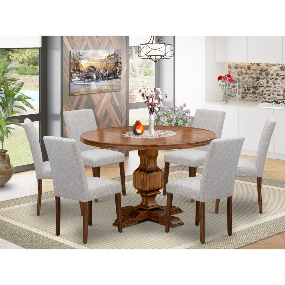 East West Furniture 7-Piece Modern Dining Set - Dinner Table and 6 Doeskin Color Parson Chairs with High Back - Antique Walnut Finish. Picture 1