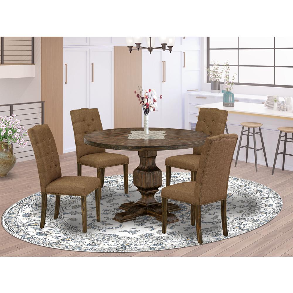East West Furniture 5 Piece Modern Dining Set Consists of a Kitchen Table and 4 Brown Linen Fabric Parson Chairs with Button Tufted Back - Distressed Jacobean Finish. Picture 1