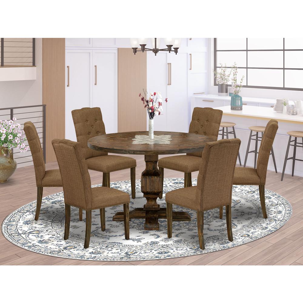 East West Furniture 7 Piece Dining Set Includes a Dining Room Table and 6 Brown Linen Fabric Upholstered Dining Chairs with Button Tufted Back - Distressed Jacobean Finish. Picture 1