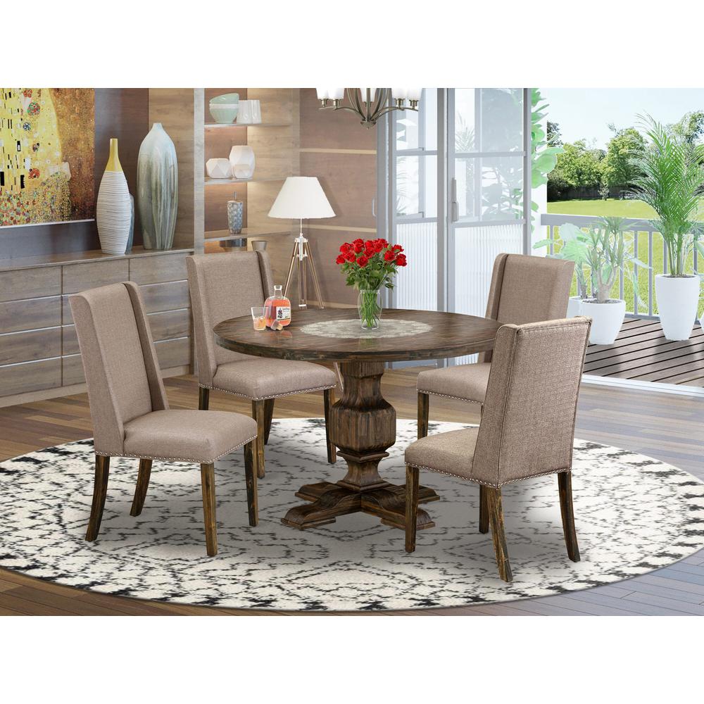 East West Furniture 5 Piece Dining Set Consists of a Mid Century Dining Table and 4 Dark Khaki Linen Fabric Dining Chairs with High Back - Distressed Jacobean Finish. Picture 1