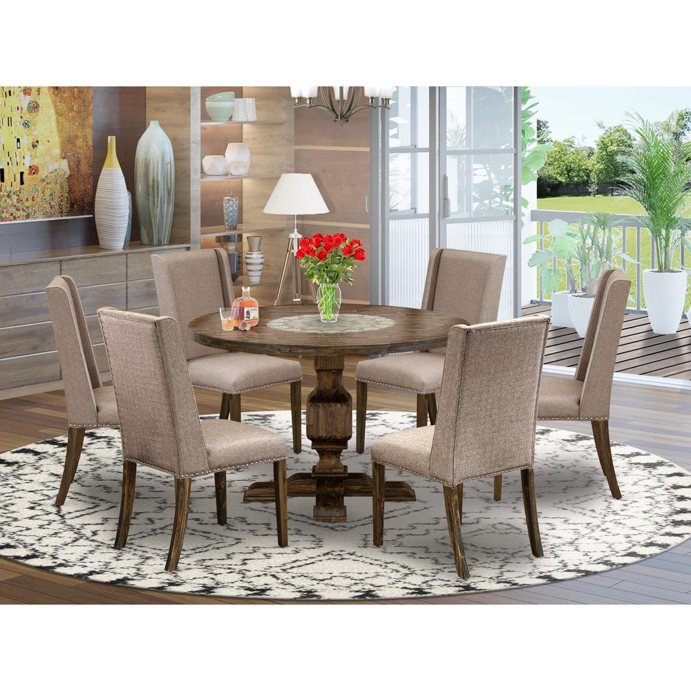 East West Furniture 7 Piece Dining Set Consists of a Wooden Table and 6 Dark Khaki Linen Fabric Upholstered Chairs with High Back - Distressed Jacobean Finish. Picture 1