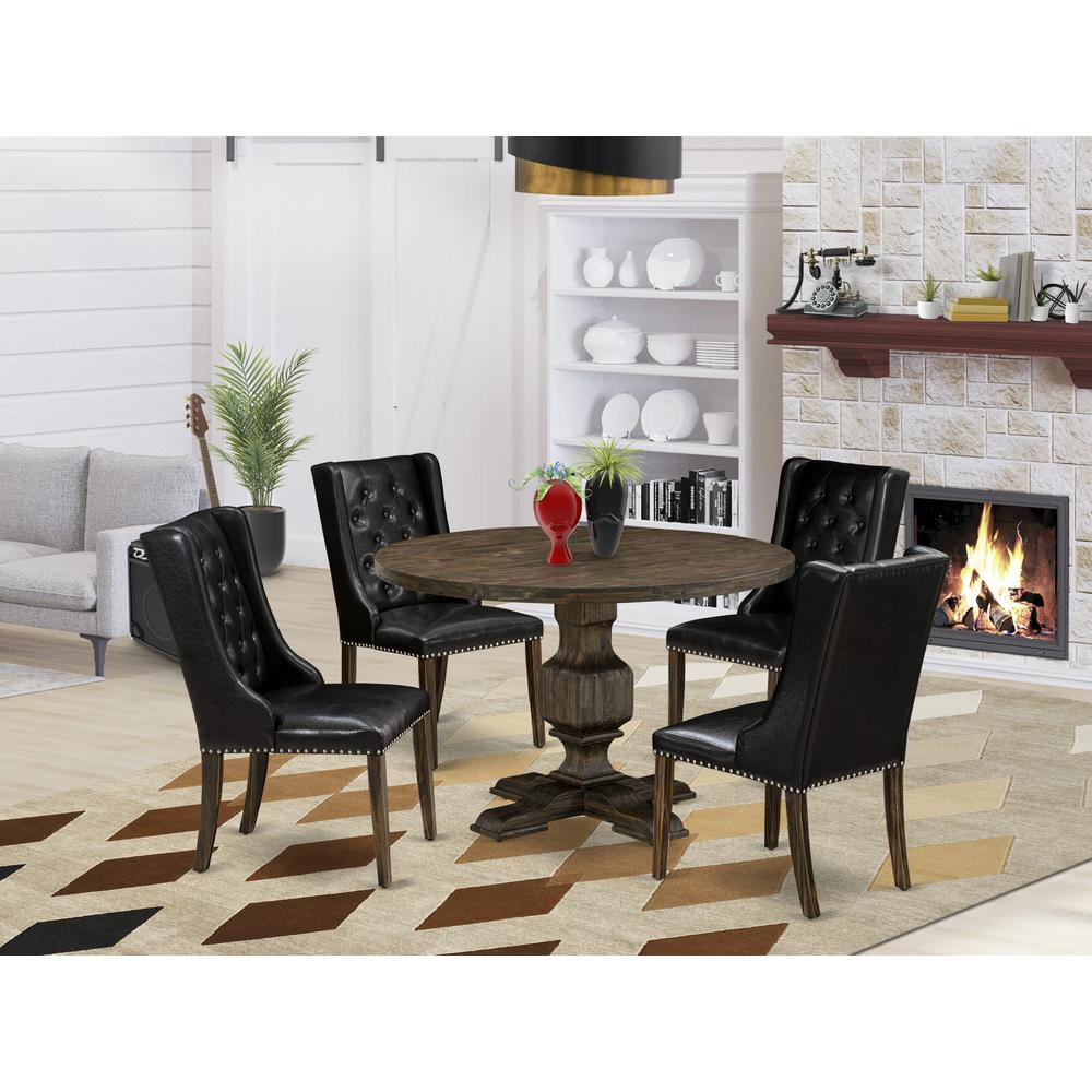 East West Furniture 5 Piece Dining Room Table Set Contains a Wooden Table and 4 Black PU Leather Mid Century Modern Dining Chairs with Button Tufted Back - Distressed Jacobean Finish. Picture 1