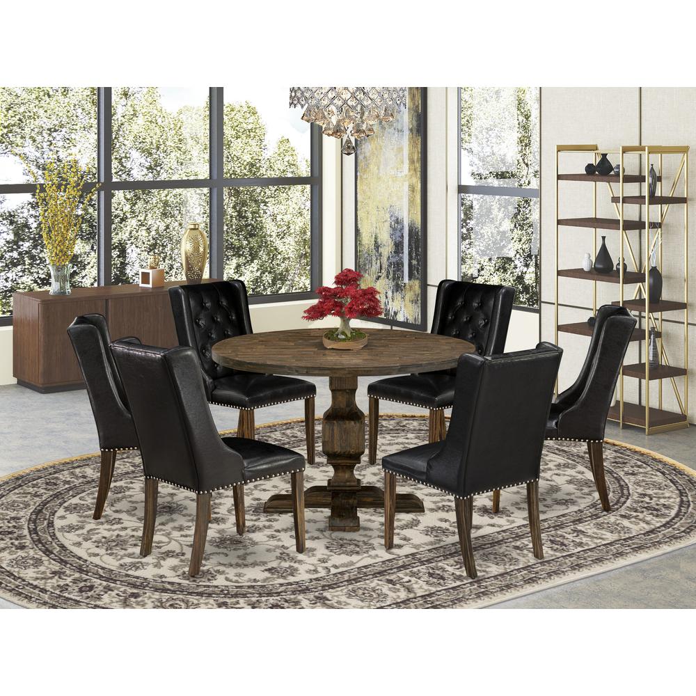 East West Furniture 7 Piece Dining Room Set Includes a Mid Century Modern Dining Table and 6 Black PU Leather Dining Chairs with Button Tufted Back - Distressed Jacobean Finish. Picture 1
