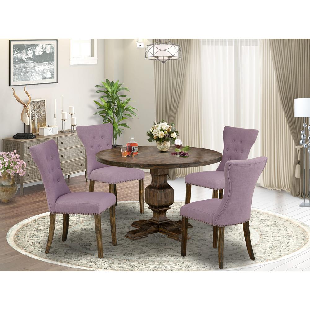 East West Furniture 5 Piece Dining Room Table Set Includes a Dining Room Table and 4 Dahlia Linen Fabric Dining Room Chairs with Button Tufted Back - Distressed Jacobean Finish. Picture 1