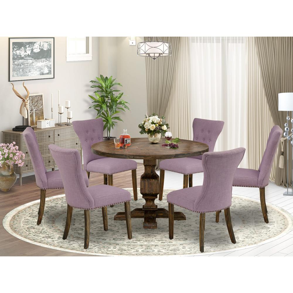 East West Furniture 7 Piece Table Set Consists of a Kitchen Table and 6 Dahlia Linen Fabric Dining Chairs with Button Tufted Back - Distressed Jacobean Finish. Picture 1