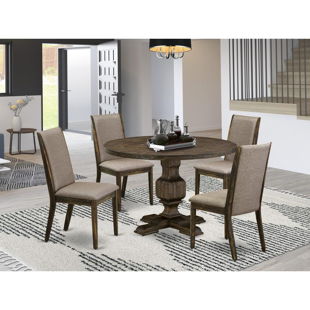 East West Furniture 5 Piece Modern Dining Set Contains a Dinner Table and 4 Dark Khaki Linen Fabric Modern Dining Chairs with High Back - Distressed Jacobean Finish. Picture 1