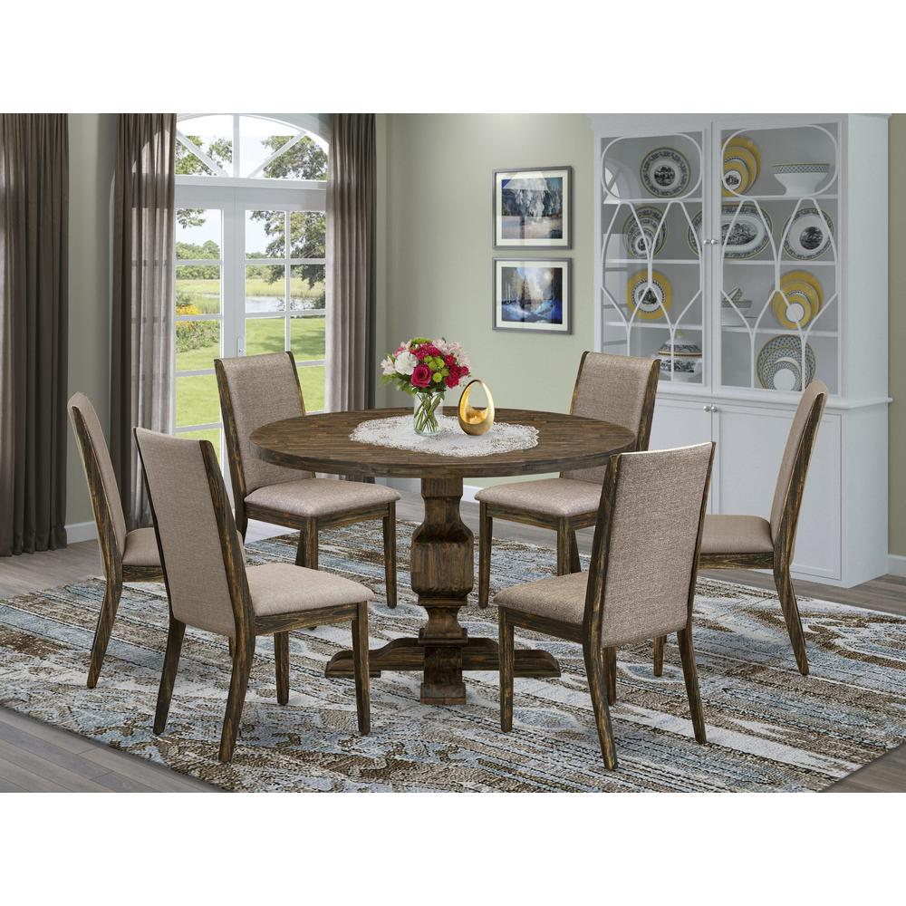 East West Furniture 7 Piece Modern Dining Table Set Contains a Mid Century Dining Table and 6 Dark Khaki Linen Fabric Mid Century Chairs with High Back - Distressed Jacobean Finish. Picture 1