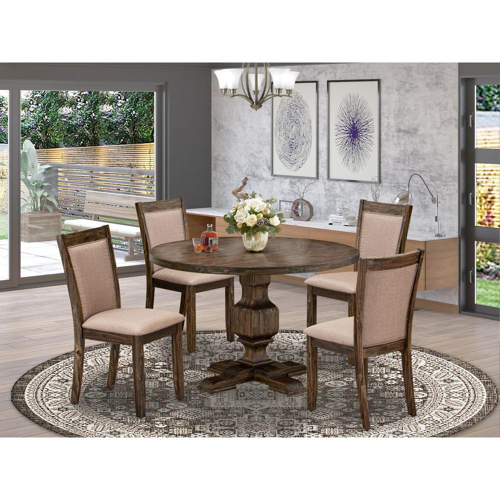 East West Furniture 5 Piece Dining Room Set Includes a Mid Century Dining Table and 4 Dark Khaki Linen Fabric Kitchen Chairs with High Back - Distressed Jacobean Finish. Picture 1