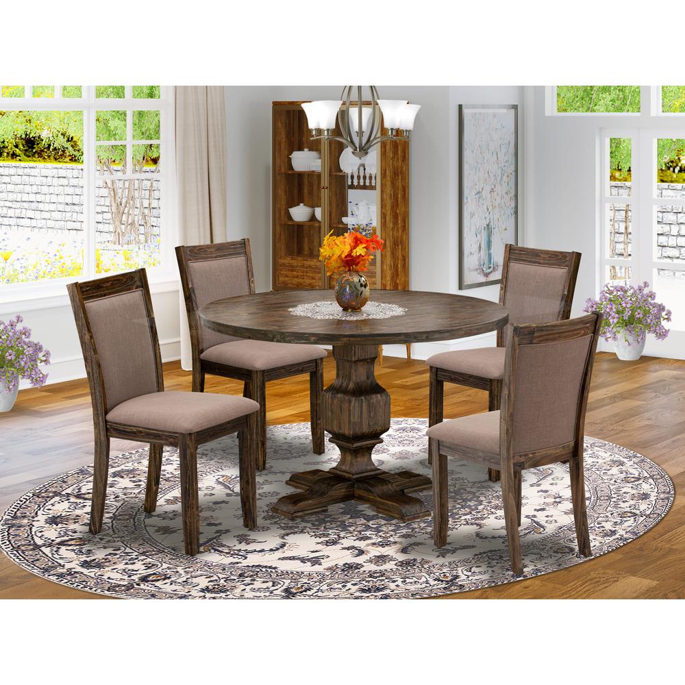 East West Furniture 5-Pc Dining Set - Round Dining Table and 4 Coffee Color Parson Wooden Chairs with High Back - Distressed Jacobean Finish. Picture 1