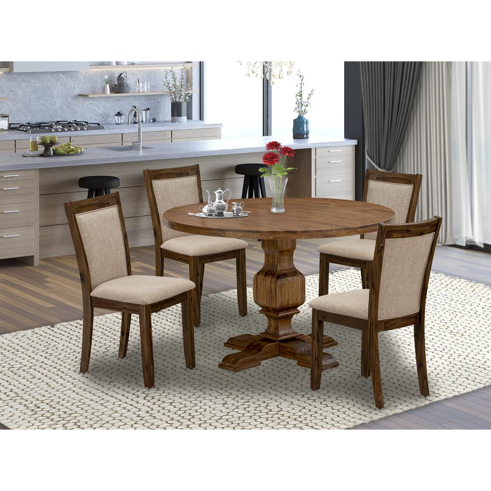 East West Furniture 5-Pc Dinner Table Set - Round Kitchen Table and 4 Light Tan Color Parson Chairs with High Back - Antique Walnut Finish. Picture 1