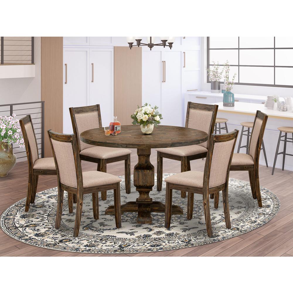 East West Furniture 7 Piece Dinette Set Consists of a Modern Kitchen Table and 6 Dark Khaki Linen Fabric Parson Chairs with High Back - Distressed Jacobean Finish. Picture 1