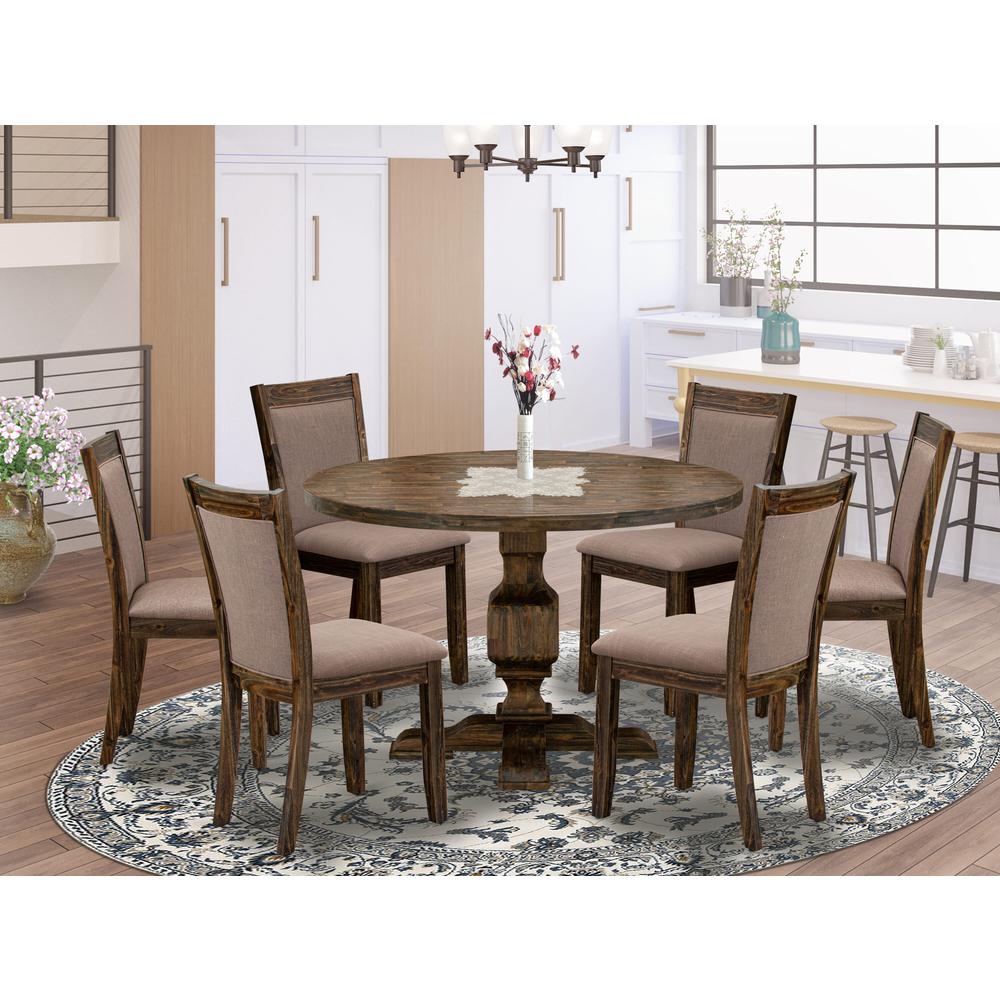 East West Furniture 7-Piece Modern Dining Set - Wooden Table and 6 Coffee Color Parson Wood Dining Chairs with High Back - Distressed Jacobean Finish. Picture 1