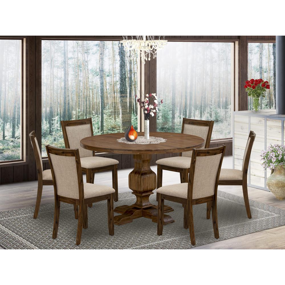 East West Furniture 7-Piece Dining Room Set - Round Wood Dining Table and 6 Light Tan Color Parson Chairs with High Back - Antique Walnut Finish. Picture 1