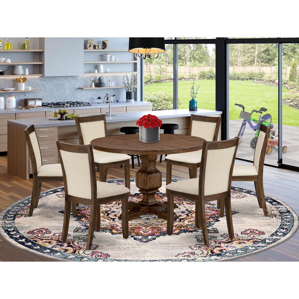 East West Furniture 7-Piece Dining Set - A Gorgeous Kitchen Table and 6 Attractive Light Beige Linen Fabric Wood Dining Chairs with Stylish High Back (Sand Blasting Antique Walnut Finish). Picture 1