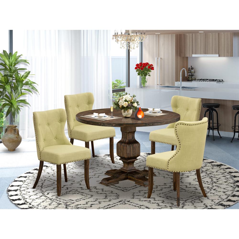 East West Furniture 5-Pc Modern Dining Table Set - Dining Table and 4 Limelight Color Parson Modern Chairs with Button Tufted Back - Distressed Jacobean Finish. Picture 1