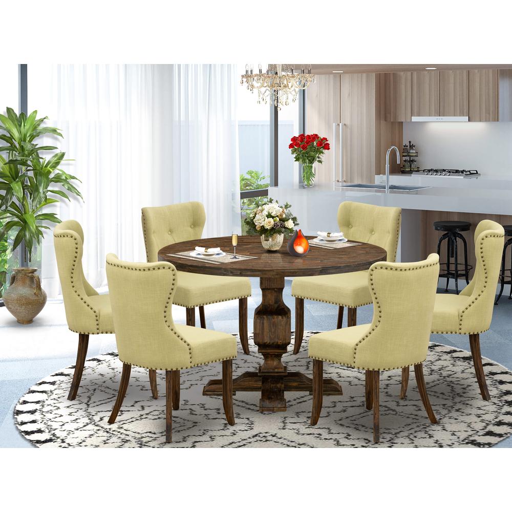 East West Furniture 7-Piece Dining Table Set - Modern Dining Table and 6 Limelight Color Parson Dining Room Chairs with Button Tufted Back - Distressed Jacobean Finish. Picture 1