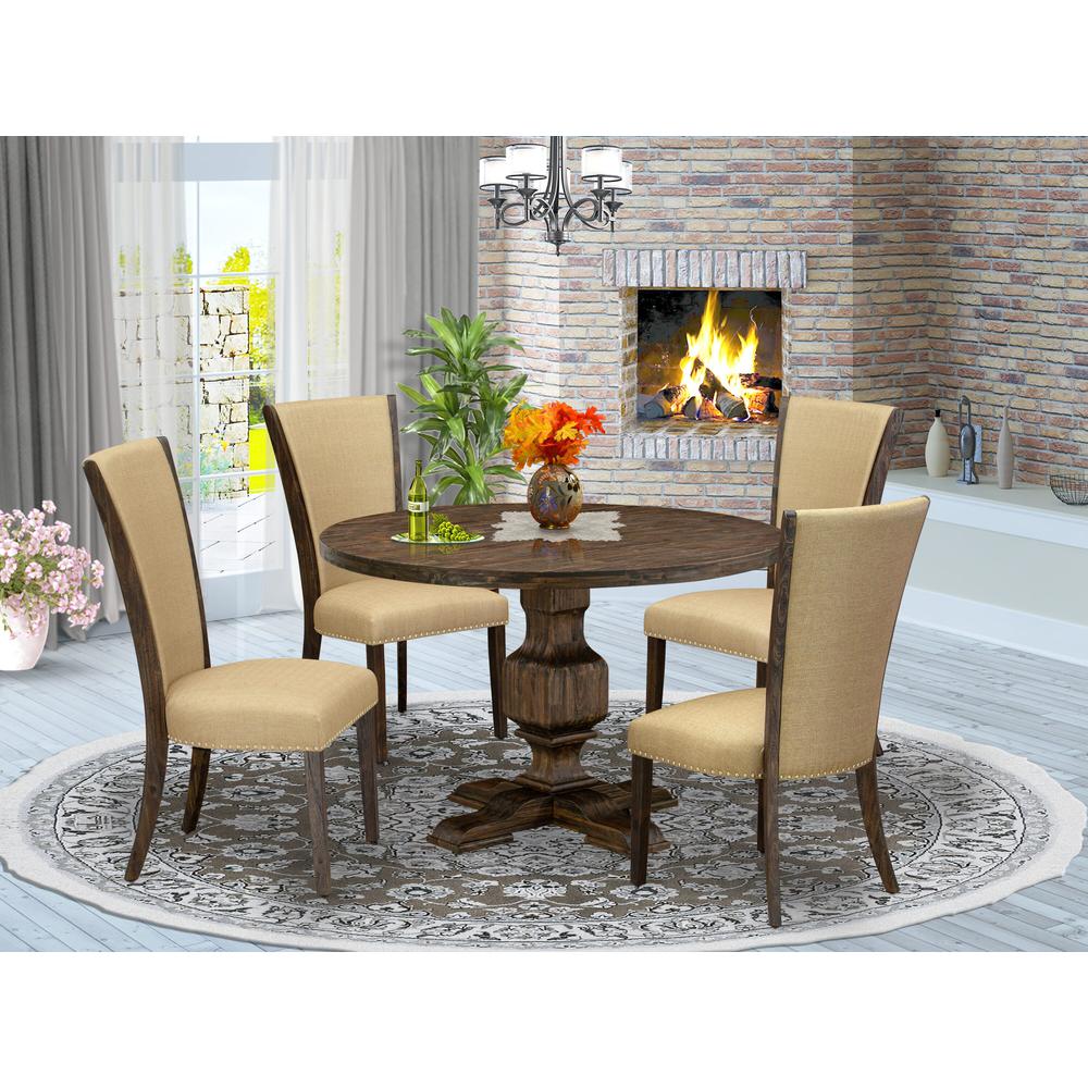 East West Furniture 5-Piece Modern Dining Set - Dining Table and 4 Brown Color Parson Padded Chairs with High Back - Distressed Jacobean Finish. Picture 1