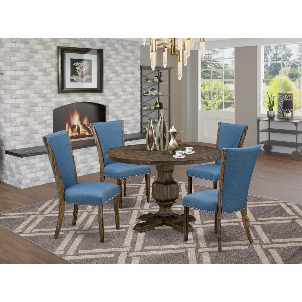 East West Furniture 5-Pc Kitchen Dining Table Set - Round Modern Dining Table and 4 Blue Color Parson Wood Dining Chairs with High Back - Distressed Jacobean Finish. Picture 1