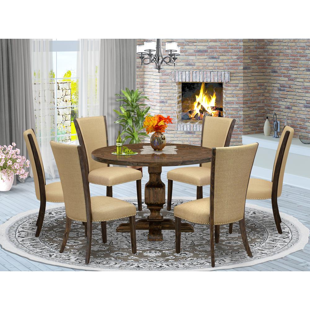 East West Furniture 7-Piece Dining Set - Wooden Dining Table and 6 Brown Color Parson Kitchen Chairs with High Back - Distressed Jacobean Finish. Picture 1