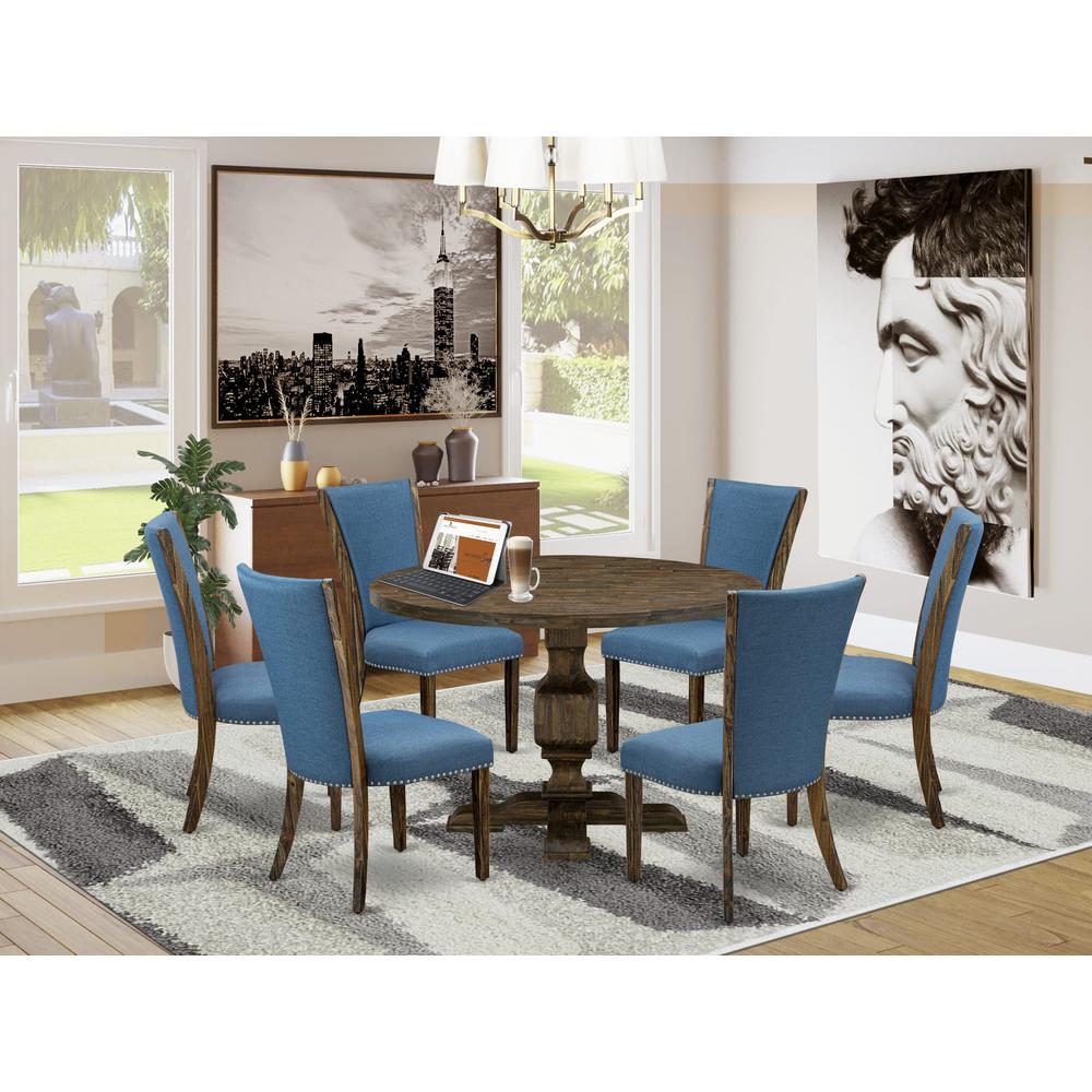 East West Furniture 7-Pc Dining Room Table Set - Dinner Table and 6 Blue Color Parson Dining Chairs with High Back - Distressed Jacobean Finish. Picture 1
