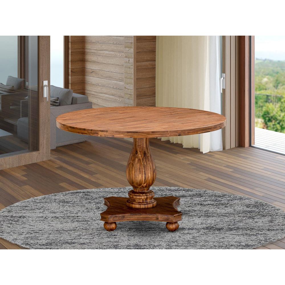 East West Furniture IRVING Round Dining Table with Pedestal, Rustic Rubberwood Table in Sandblasting Antique Walnut Finish 48 Inch. Picture 2