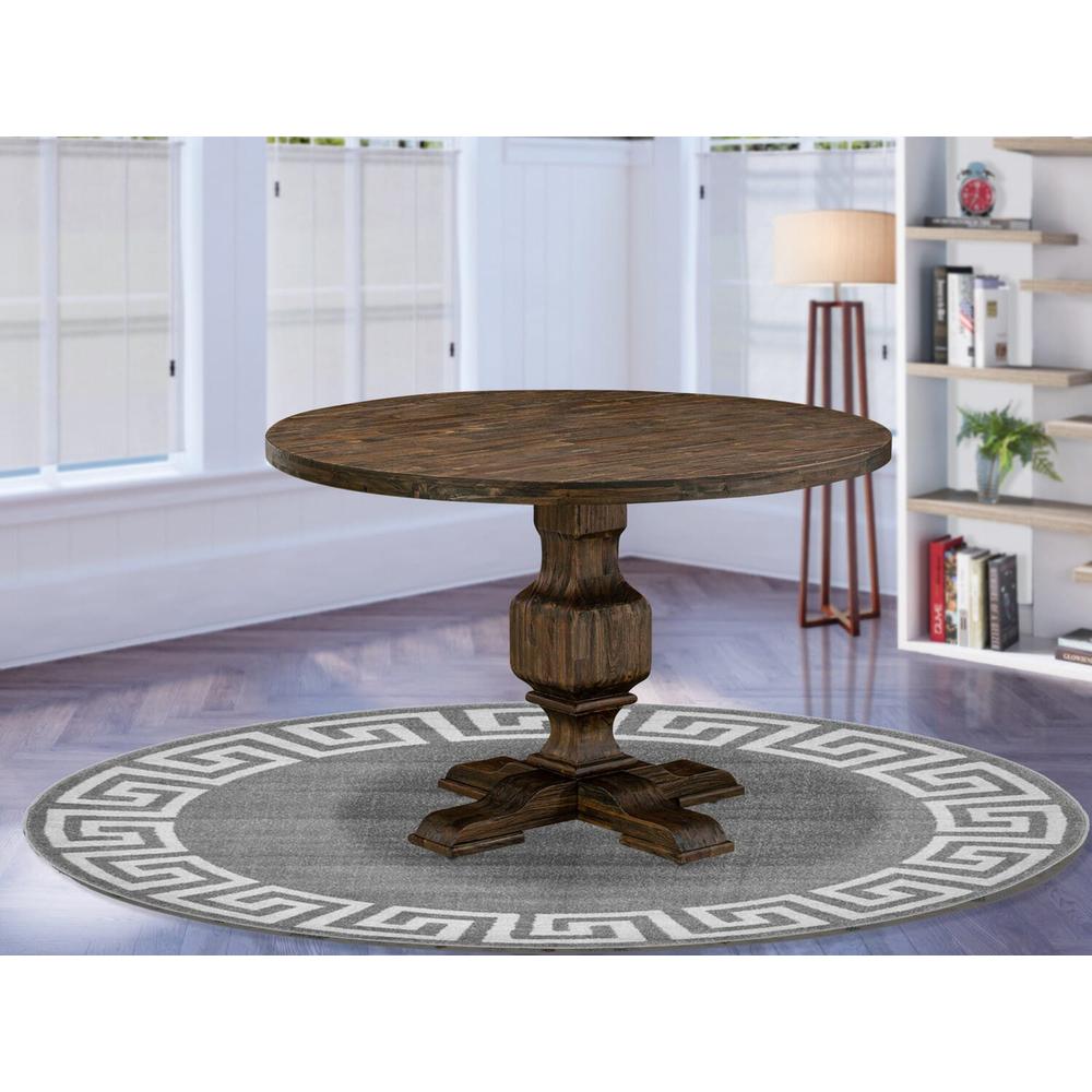 East West Furniture IRVING Round Dining Table with Pedestal, Rustic Rubberwood Table in Distressed Jacobean Finish, 48 Inch. Picture 2