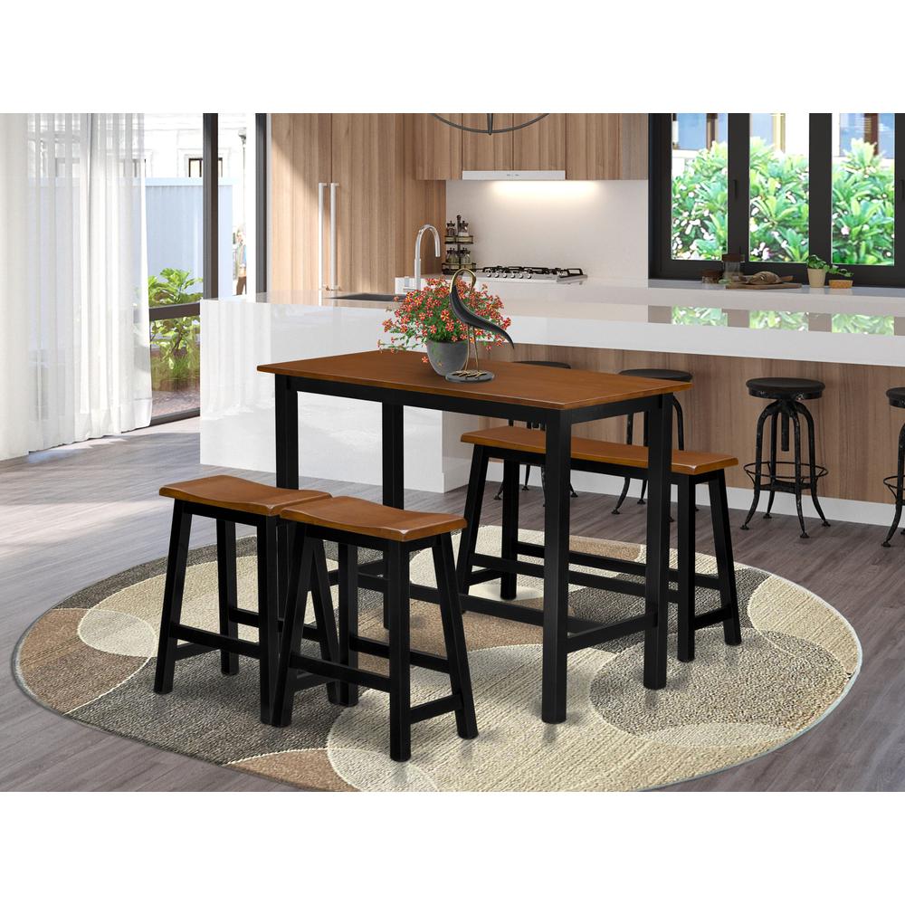 East West Furniture 4 Piece Kitchen Dining Table Set Contains a Dining Room Table, 2 Stools with a Dining Table Bench - Black & Cherry Finish. Picture 1